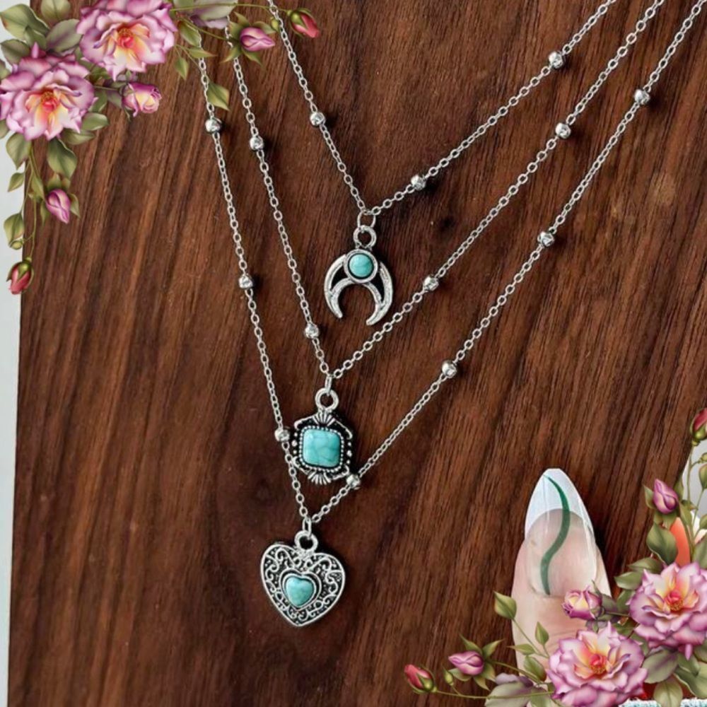3pcs fake Turquoise Western Cowgirl Vintage style Chain‎ Necklace Set